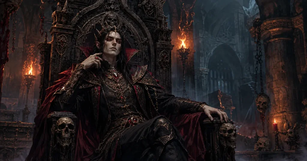 DnD vampire names — vampire lord sitting on stone throne in dark dungeon