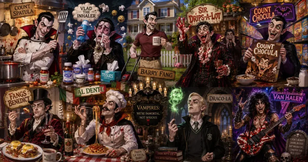 funny vampire names — comedic ridiculous vampire characters with pun-based humor