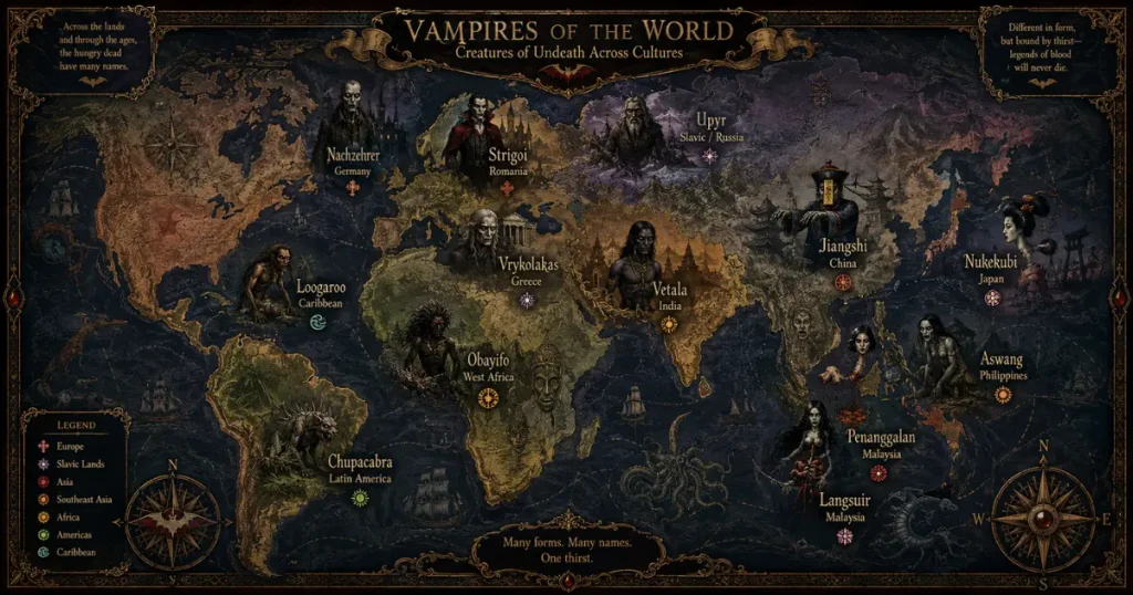other names for vampires — world map with different vampire creatures from global cultures