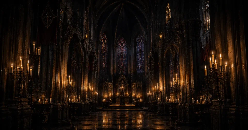 gothic vampire names — dramatic cathedral interior with candlelight and shadows