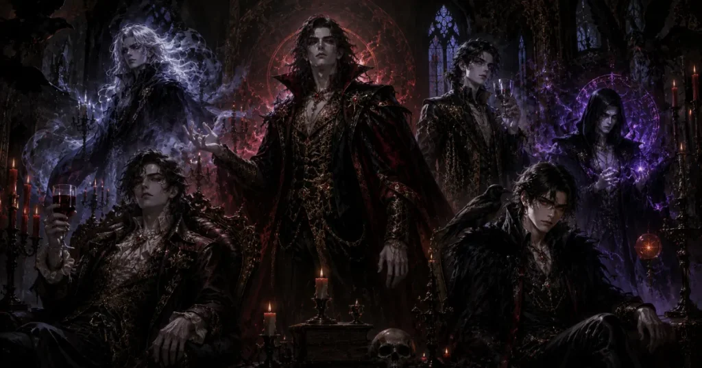 gothic male names — theatrical dark vampire characters with dramatic gothic aesthetic