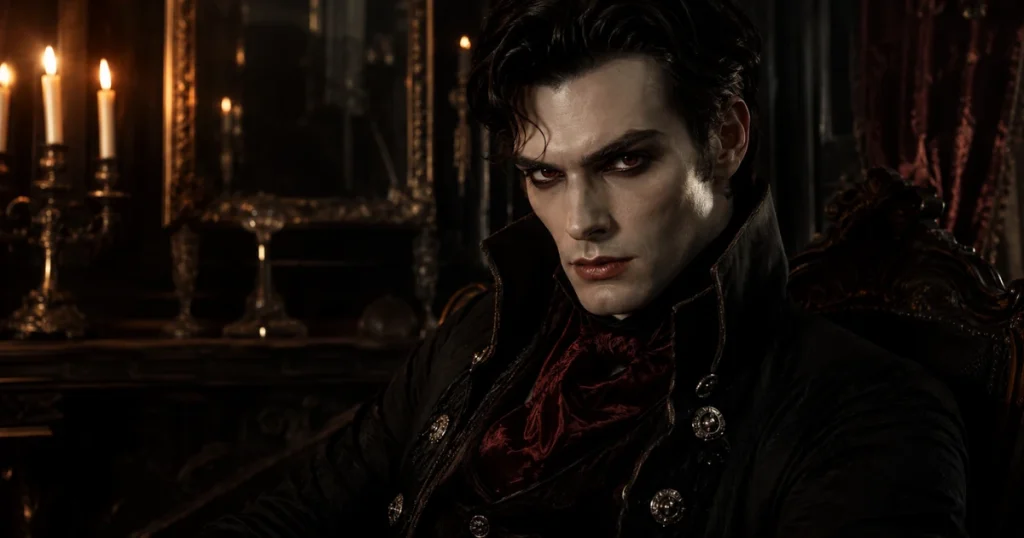 male vampire names — dark gothic vampire portrait in candlelit Victorian room