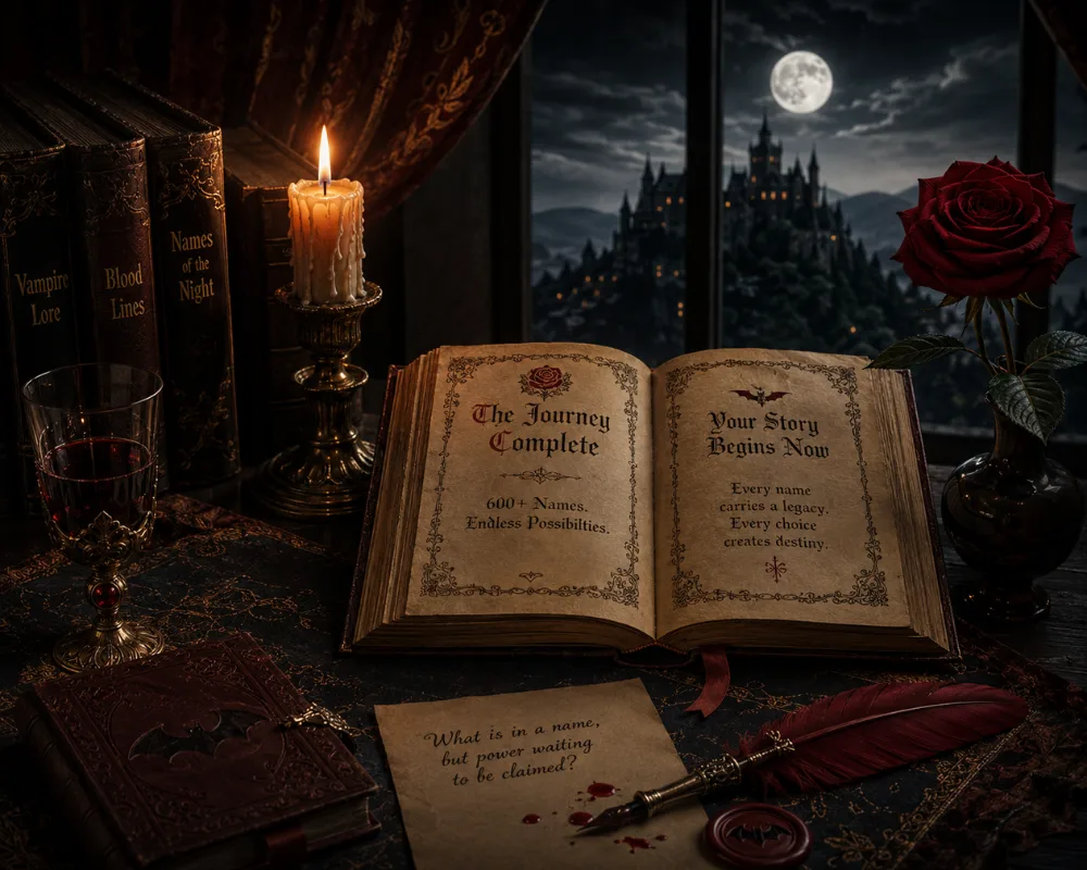 vampire names guide conclusion — gothic candlelit closing image with journal and quill pen