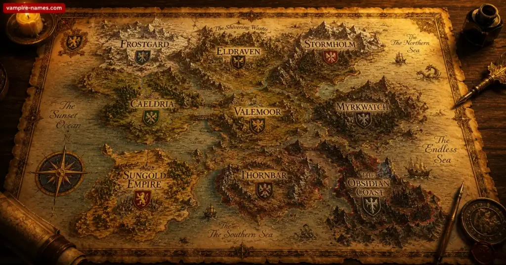 500+ Fantasy Kingdom Names with Meaning 3 best fantasy kingdom names — fantasy map with medieval kingdom labels