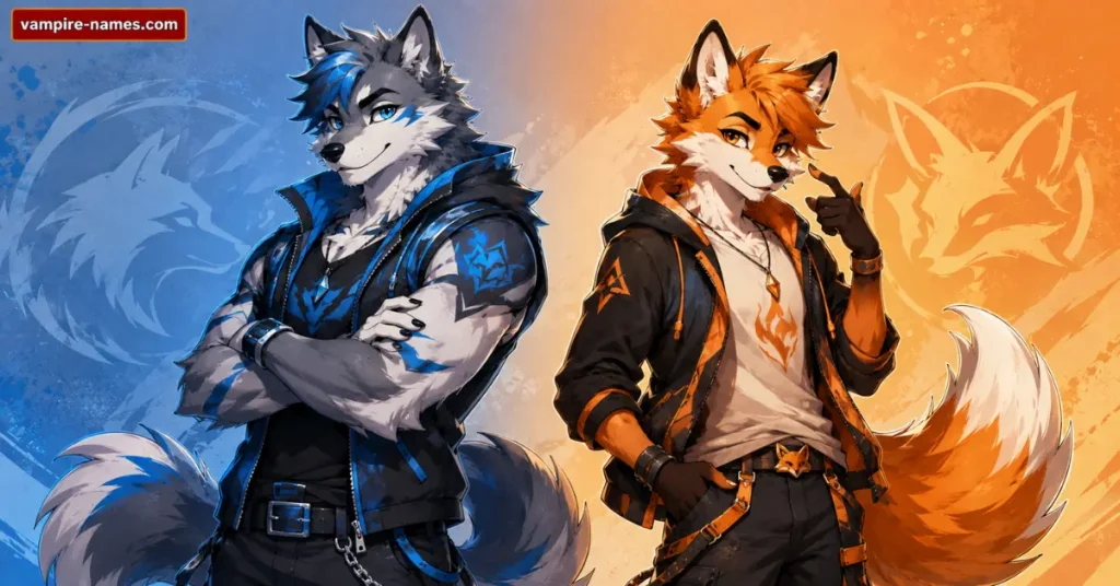 800+ Fursona Names with Meanings 3 best fursona names โ wolf and fox fursona character designs side by side art