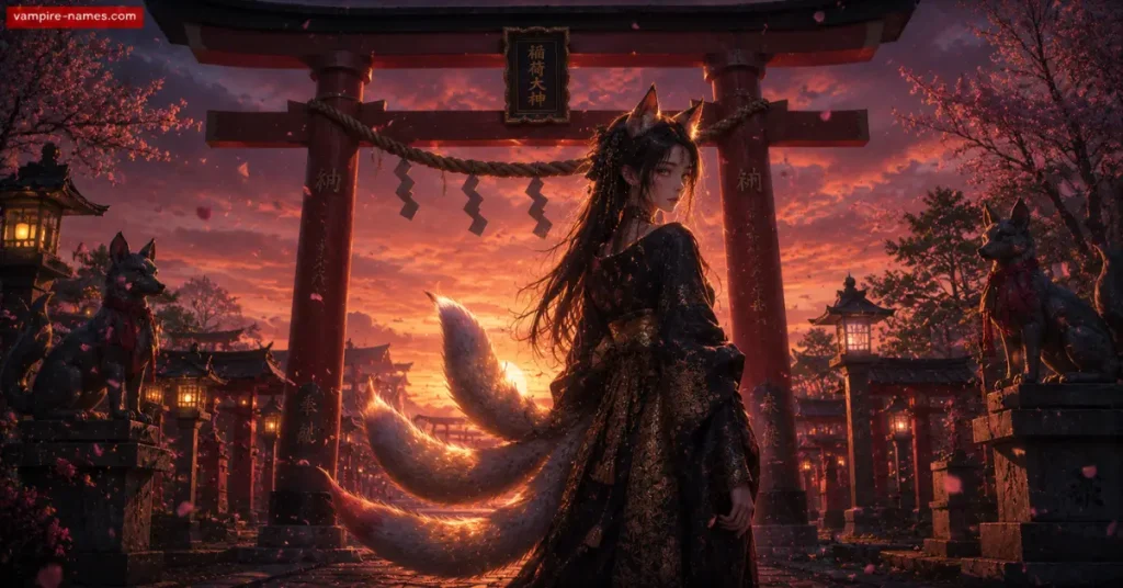 700+ Kitsune Names with Meanings 3 best kitsune names — kitsune fox spirit at torii gate dusk fantasy art