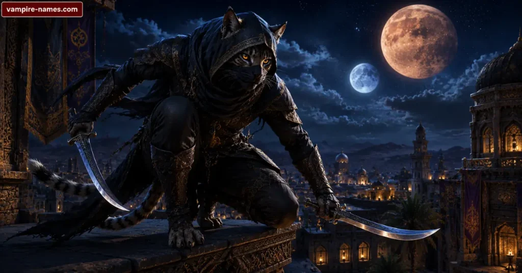 cool Khajiit names — Khajiit assassin on rooftop under twin moons