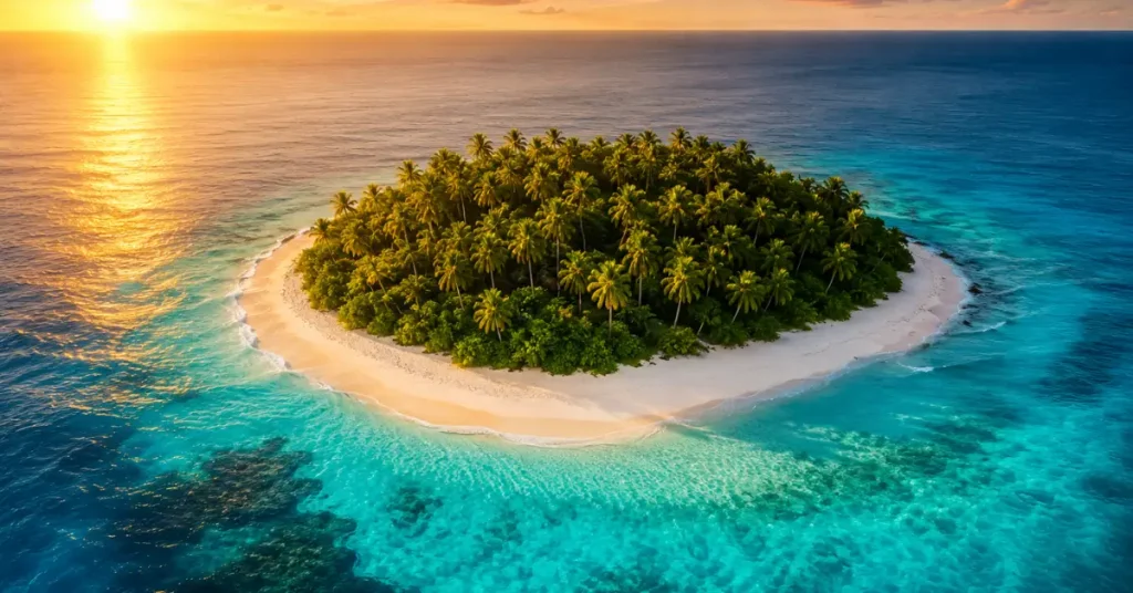550+ Cute Island Names 1 cute island names — aerial view of perfect tropical island at golden hour