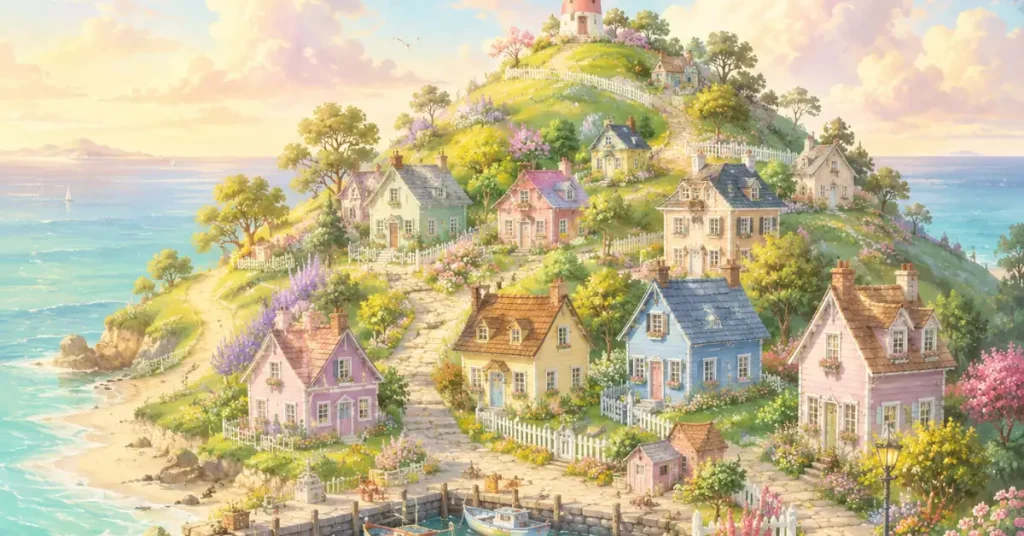 550+ Cute Island Names 2 cute island names — illustrated cozy storybook island with pastel colors