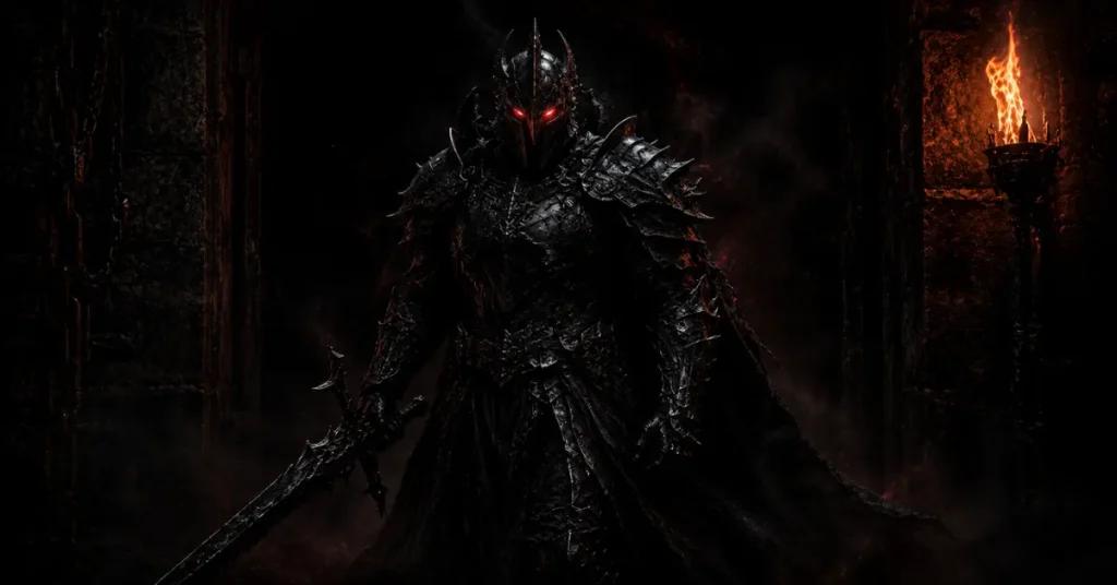 dark knight names — armored dark knight emerging from shadows