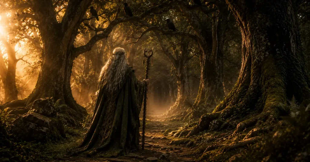 700+ DRUID NAMES 8 druid names conclusion — druid walking into ancient forest at dusk