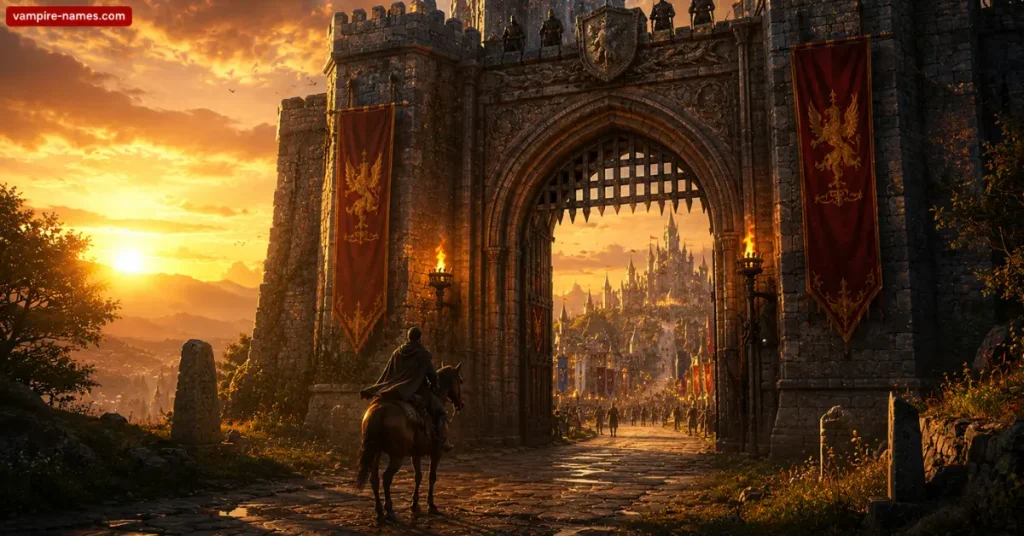 500+ Fantasy Kingdom Names with Meaning 6 fantasy kingdom names conclusion — traveler arriving at fantasy castle gate