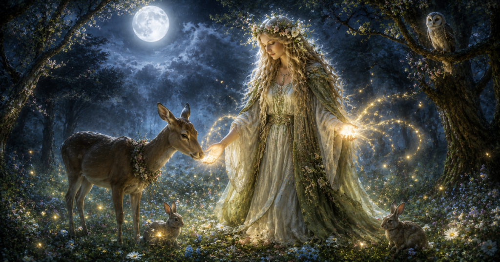 700+ DRUID NAMES 4 female druid names — female druid in moonlit forest glade with nature magic