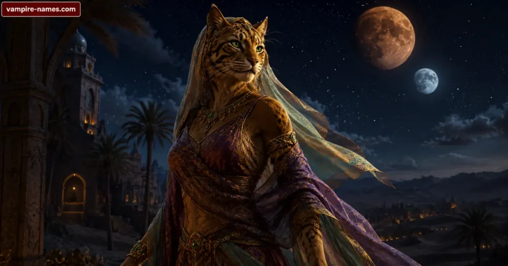female Khajiit names — elegant female Khajiit in desert silks with moon