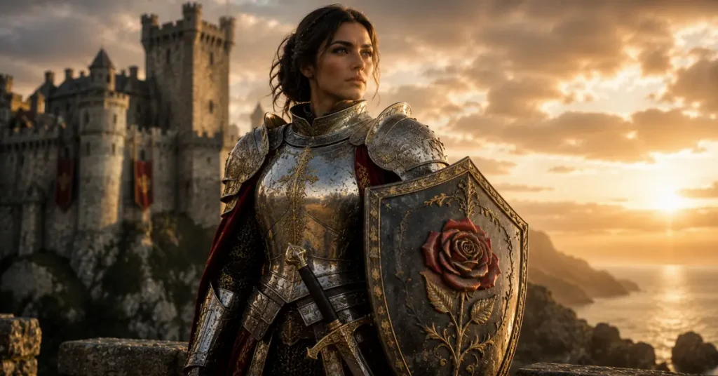 female knight names — female knight in ornate armor with rose shield