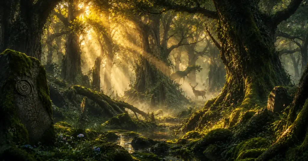 700+ DRUID NAMES 5 forest druid names — ancient woodland at dawn with golden light