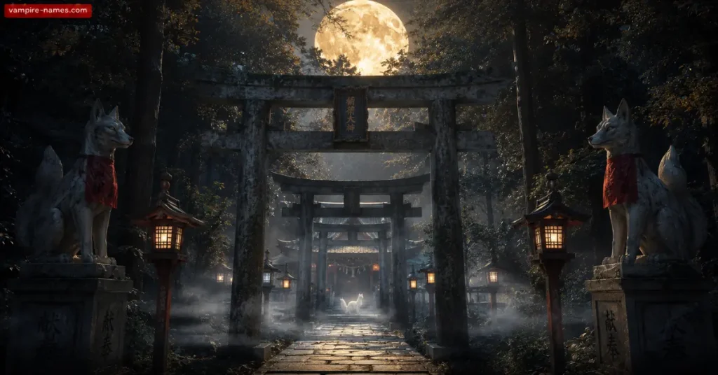 700+ Kitsune Names with Meanings 5 kitsune names conclusion — Inari shrine moonrise white fox spirit Japanese forest