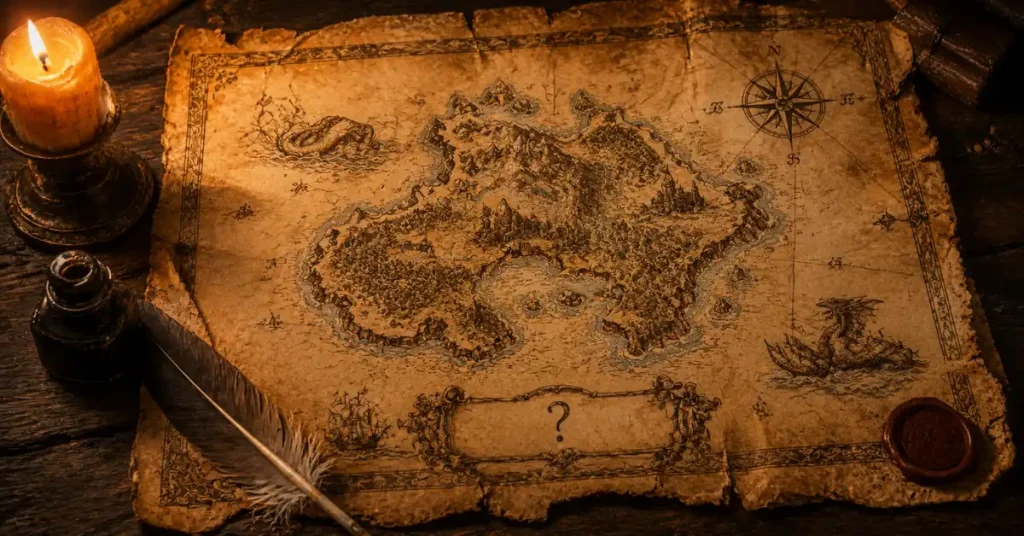550+ Cute Island Names 9 how to name an island — vintage hand-drawn parchment map with unnamed island