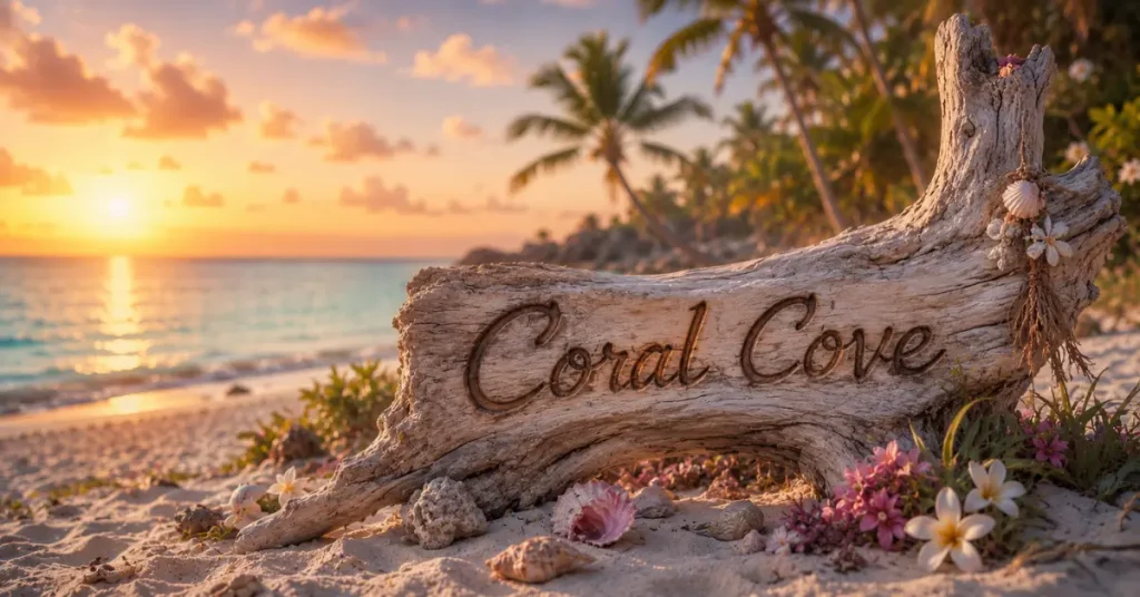 550+ Cute Island Names 8 island names with meanings — driftwood name sign on tropical beach