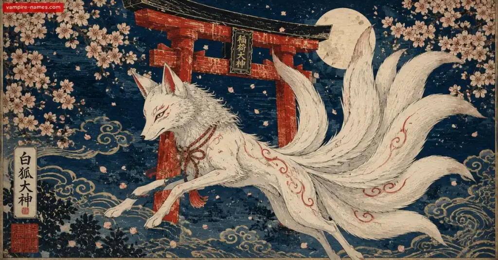 700+ Kitsune Names with Meanings 4 japanese kitsune names — traditional woodblock art style fox spirit illustration