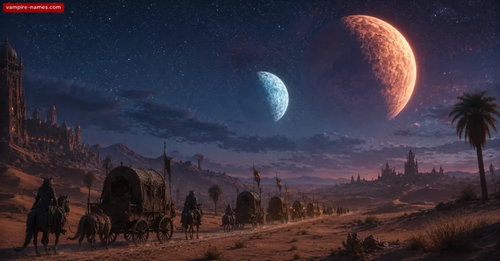 Khajiit caravan at night under Masser and Secunda twin moons