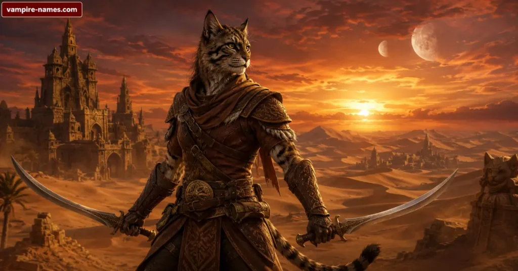 Khajiit names — Khajiit warrior in Elsweyr desert at sunset with twin blades