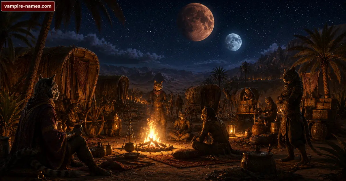Khajiit names conclusion — Khajiit caravan at night under Masser and Secunda twin moons