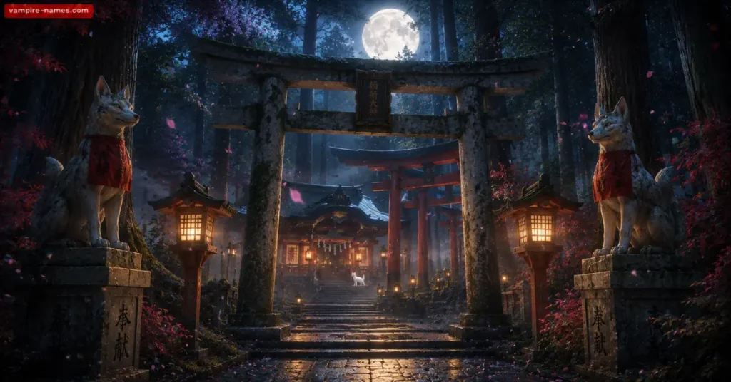 700+ Kitsune Names with Meanings 6 kitsune names conclusion — Inari shrine moonrise white fox spirit Japanese forest
