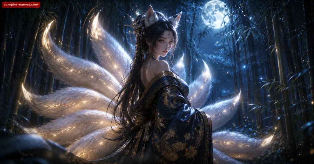 700+ Kitsune Names with Meanings 2 kitsune names — nine-tailed fox spirit female character art moonlit bamboo forest