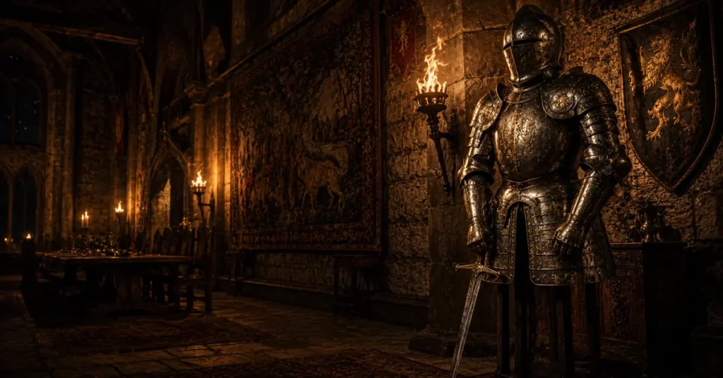 knight names conclusion — historic knight armor in great hall by torchlight