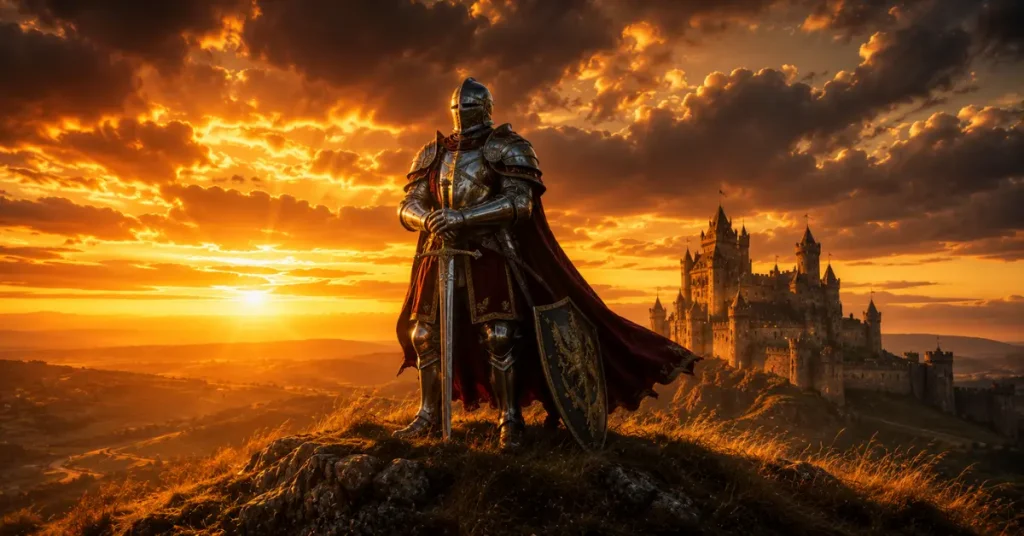 knight names — armored medieval knight on hilltop at golden hour