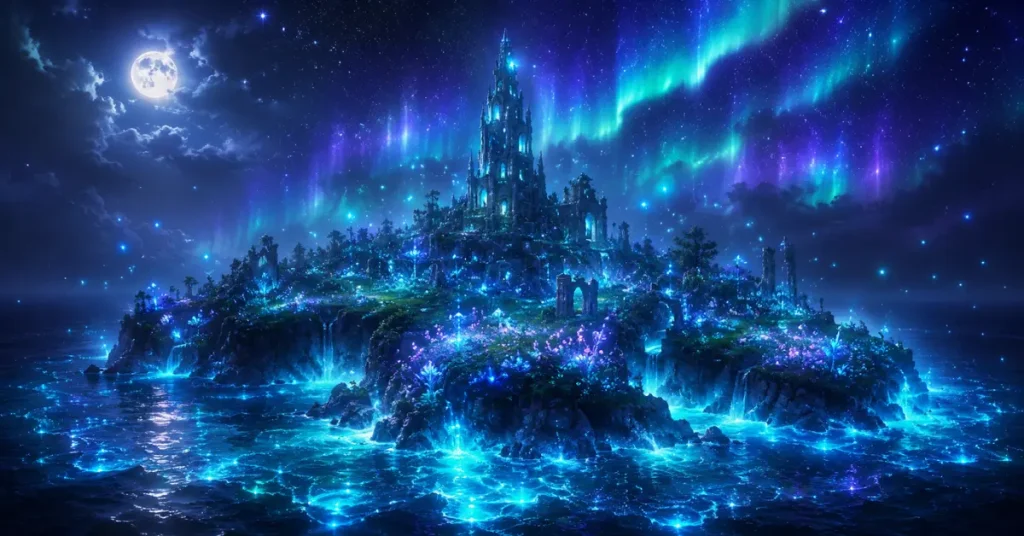 550+ Cute Island Names 5 magical island names — enchanted glowing island with bioluminescent water at night