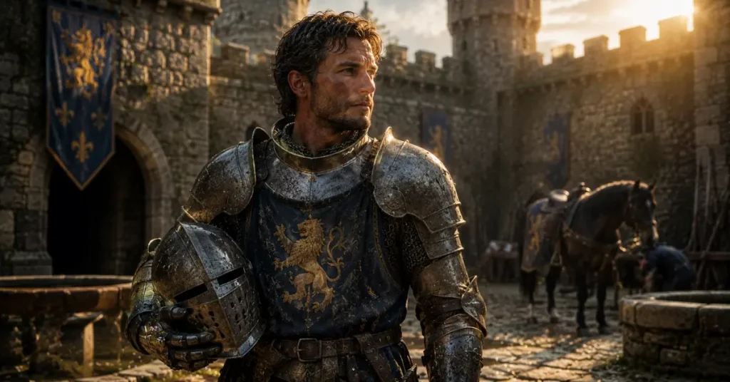 male knight names — noble knight removing helmet in castle courtyard