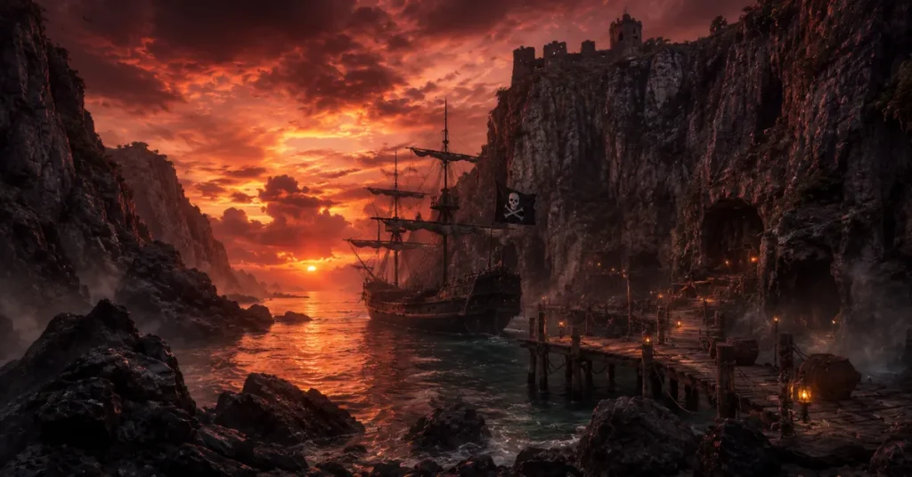 550+ Cute Island Names 7 pirate island names — rugged pirate cove with ship at sunset