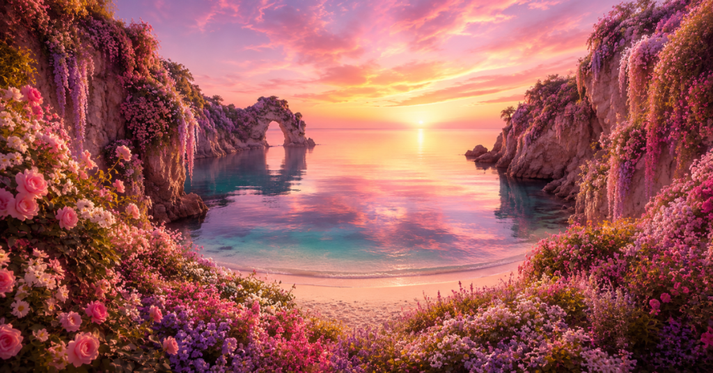 550+ Cute Island Names 6 pretty island names — beautiful island cove at sunrise with pink sky and flowers