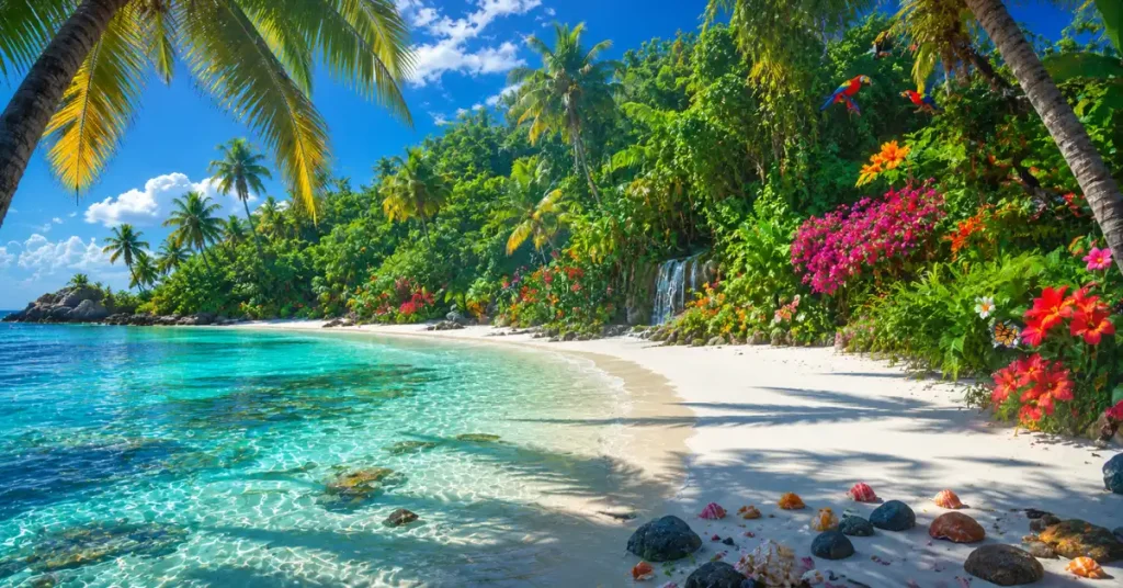 550+ Cute Island Names 4 tropical island names — lush tropical island with jungle and white sand beach
