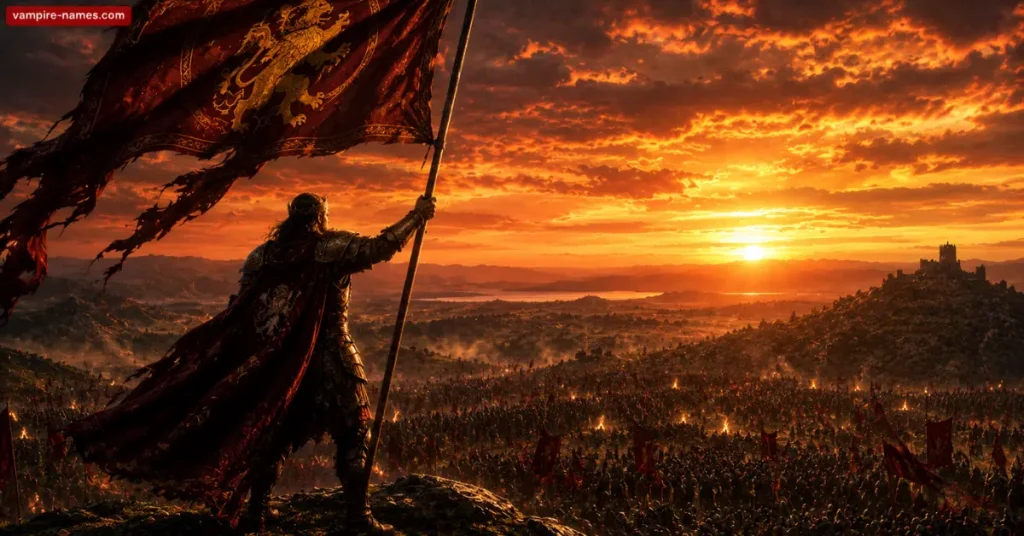 800+ Warrior Names with Meanings 6 warrior names conclusion — warrior leader on hill at sunset epic scene