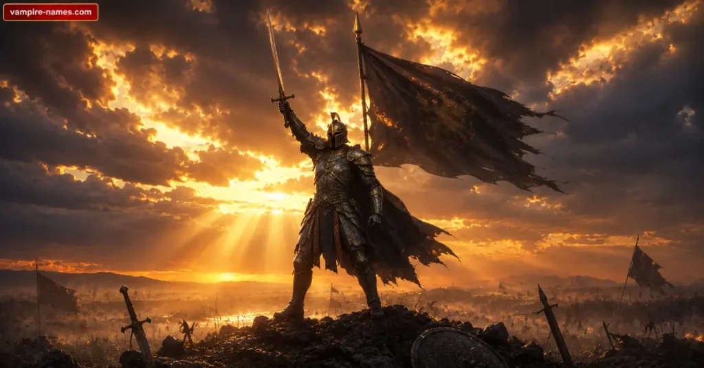 800+ Warrior Names with Meanings 2 warrior names — epic fantasy warrior character on battlefield at dawn