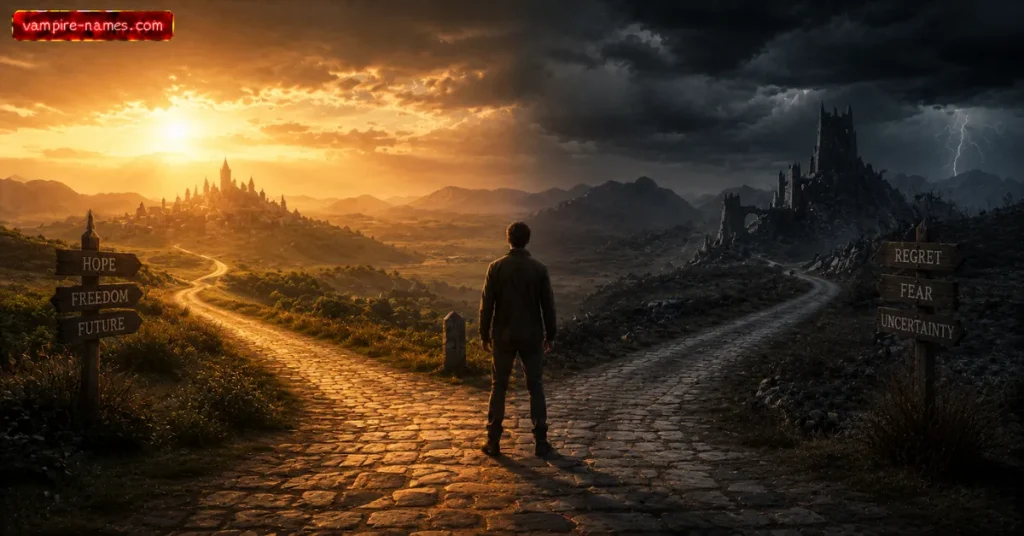 best male character names — protagonist silhouette crossroads dramatic lighting cinematic illustration