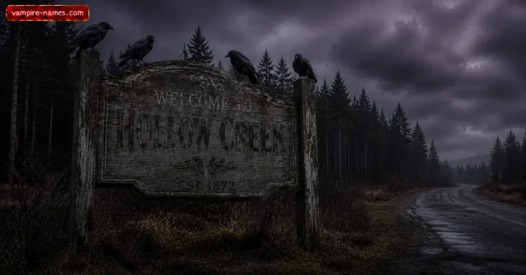 700+ Spooky & Scary Town Names 3 best spooky town names โ weathered town welcome sign dark forest crows illustration