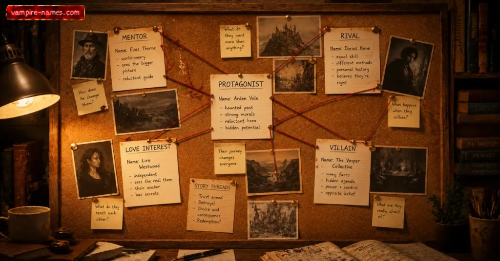 names by narrative role — character archetype storyboard corkboard writing planning illustration