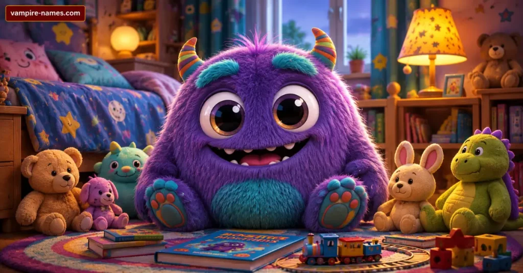 800+ Monster Names with Meanings 5 cute monster names โ friendly fuzzy monster children's bedroom colorful illustration