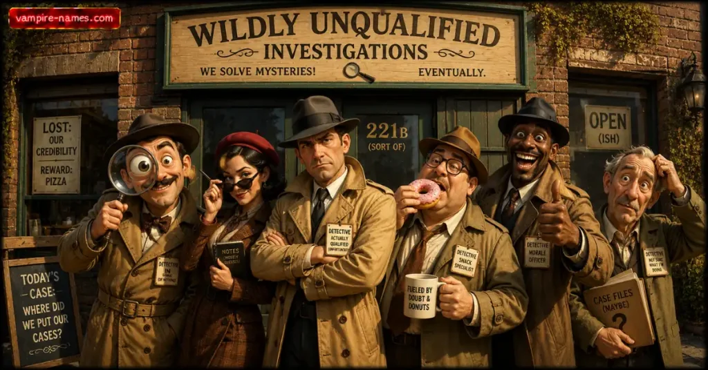 600+ Funny Detective Names 5 funny detective names conclusion โ comedic detective team group photo agency office sign illustration