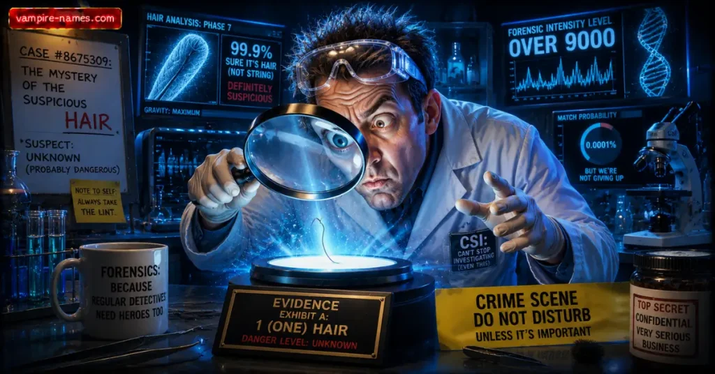 600+ Funny Detective Names 4 forensic files funny names โ comedic CSI parody forensic scientist lab dramatic lighting illustration