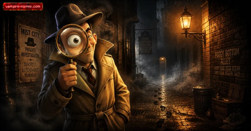 600+ Funny Detective Names 2 funny detective names โ comedic noir detective character trench coat magnifying glass illustration