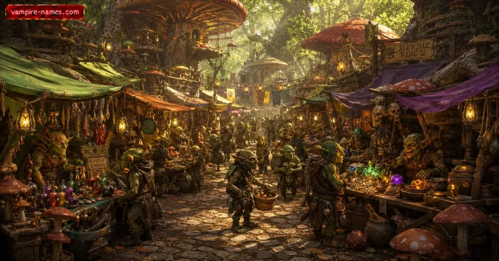 800+ Female Goblin Names 6 female goblin names conclusion โ goblin marketplace village daily life forest canopy illustration