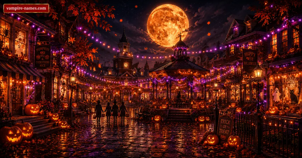 700+ Spooky & Scary Town Names 4 halloween town names โ festive spooky autumn town square pumpkins moon illustration
