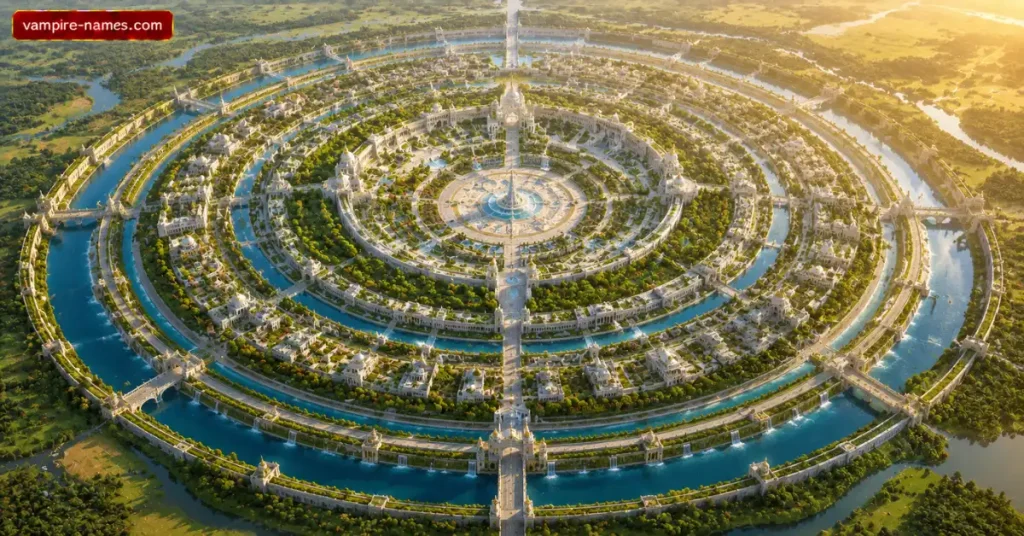 700+ UTOPIA NAMES 3 Harmonious utopian city names โ aerial view of perfect circular city with concentric rings