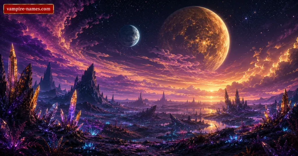 700+ Planet Name Ideas 2 planet name ideas โ alien planet landscape twin moons starlit sky worldbuilding illustration