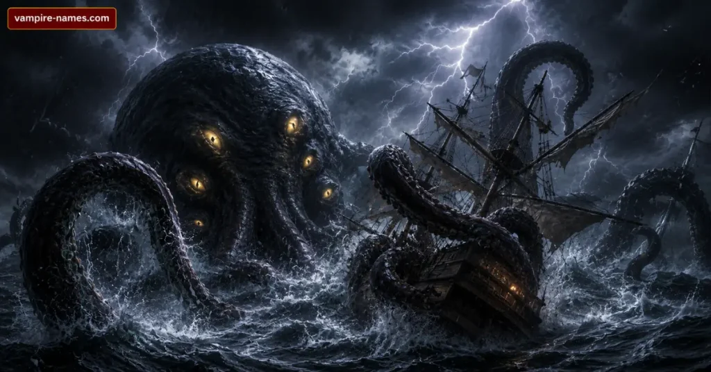 800+ Monster Names with Meanings 6 sea monster names โ kraken attacking ship storm ocean horror illustration